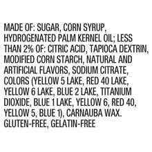 Ingredient list panel on candy pack with gluten-free and gelatin-free notes