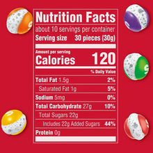 Freeze-dried candy nutrition facts panel with serving size and candy pieces
