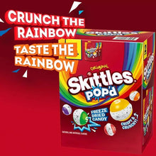 Skittles Pop'd freeze-dried candy box with rainbow graphic and crispy crunch badge