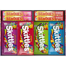 Candy assortment box with Starburst and Skittles multipack wrappers in rows