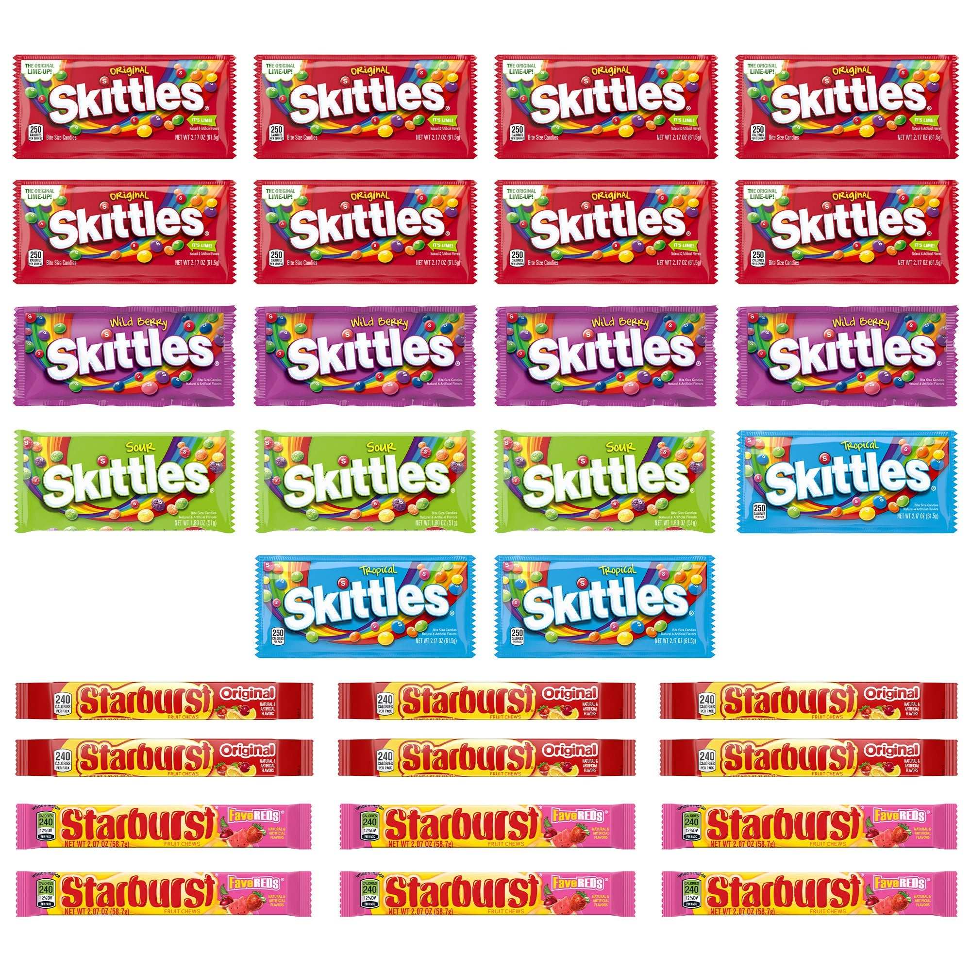 Skittles and Starburst Chewy Candy, Variety Pack, Full Size, 30-count