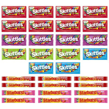 Skittles and Starburst mini candy packs displayed in a neat grid