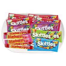 Assorted Skittles and Starburst candy packs in mixed wrapper colors