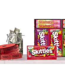 Skittles and Starburst candy packs with jar of wrapped items and ticket rolls
