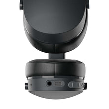 Over-ear headphones underside view with USB and control ports, dark gray finish