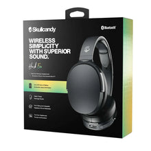 Wireless over-ear Bluetooth headphone retail box with black headset and teal accents