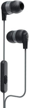 Black wired in-ear headphones with angled ear tips and inline control pod