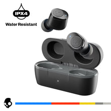 Black true wireless earbuds with open charging case, angled view