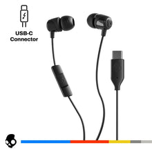 Black in-ear earbuds with USB-C plug and adjustable ear tips