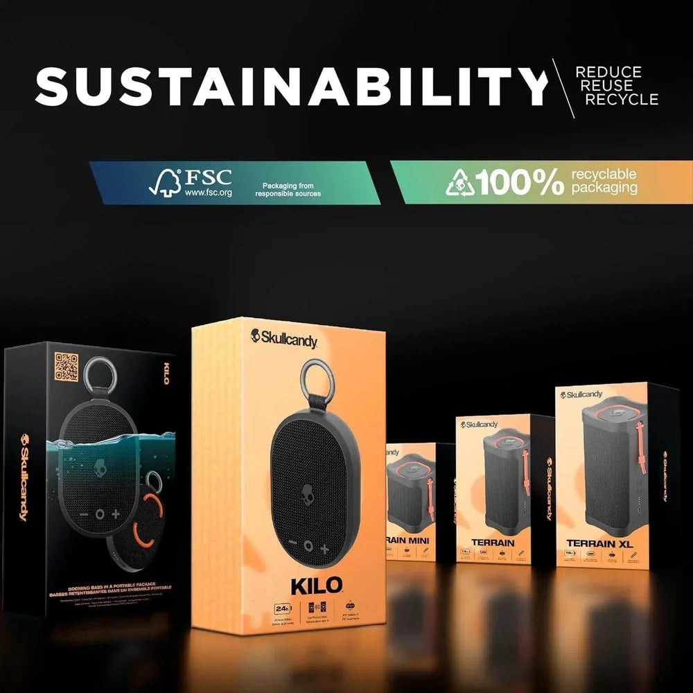 Skullcandy Kilo XT Wireless Bluetooth Speaker - IPX7 Waterproof Mini Speaker with 24 Hour Battery and True Wireless Pairing - for Outdoor, Black - USA MEGA SHOP