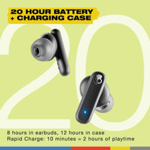 Gray true wireless in-ear earbuds with open charging case and raised bud