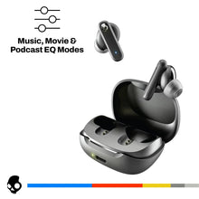 Dark gray true wireless in-ear earbuds with open charging case