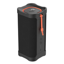 Black rugged wireless speaker with orange accent strap and textured front grille