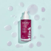 Post wax + shave oil bottle with pump, maroon-purple label and white cap
