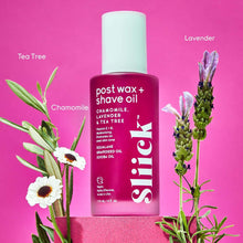 Post wax + shave oil bottle with chamomile, tea tree, and lavender around it