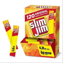Slim Jim Original meat sticks box with yellow-red wrappers, 0.28 oz sticks.