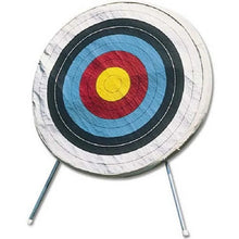 Round target face with concentric rings in blue, red, and yellow on a stand