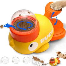 Duck-shaped interactive dog treat dispenser toy, yellow body with orange lid and opening