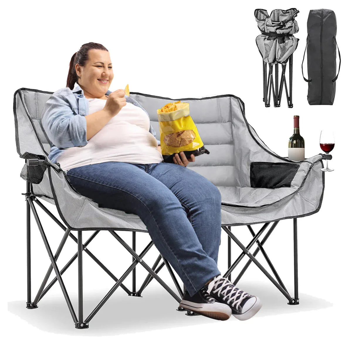 Slsy Double Camping Chair, Extra Padded Loveseat for 3 Prson Heavy Duty Folding Loveseat with Cup Holders for Camping, Fishing, or Hunting - USA MEGA SHOP