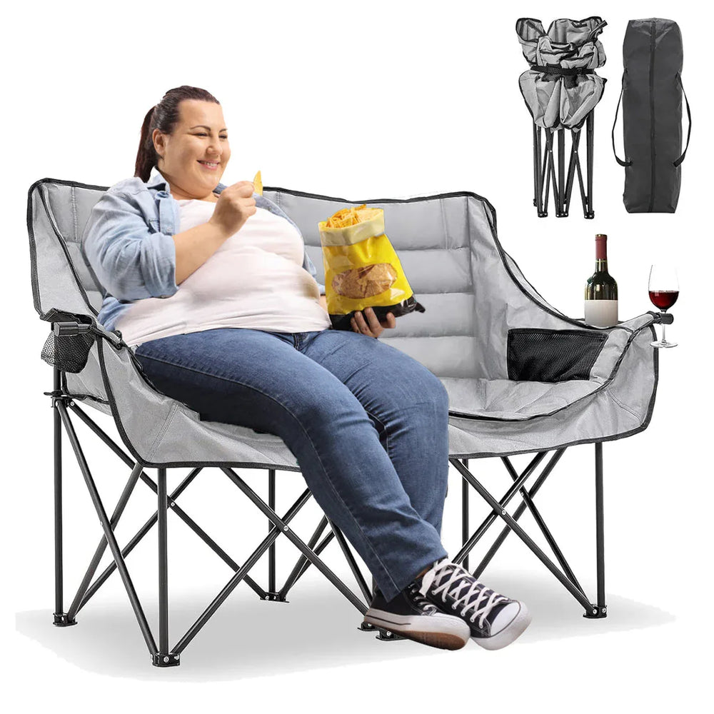 Slsy Double Camping Chair, Extra Padded Loveseat for 3 Prson Heavy Duty Folding Loveseat with Cup Holders for Camping, Fishing, or Hunting - USA MEGA SHOP