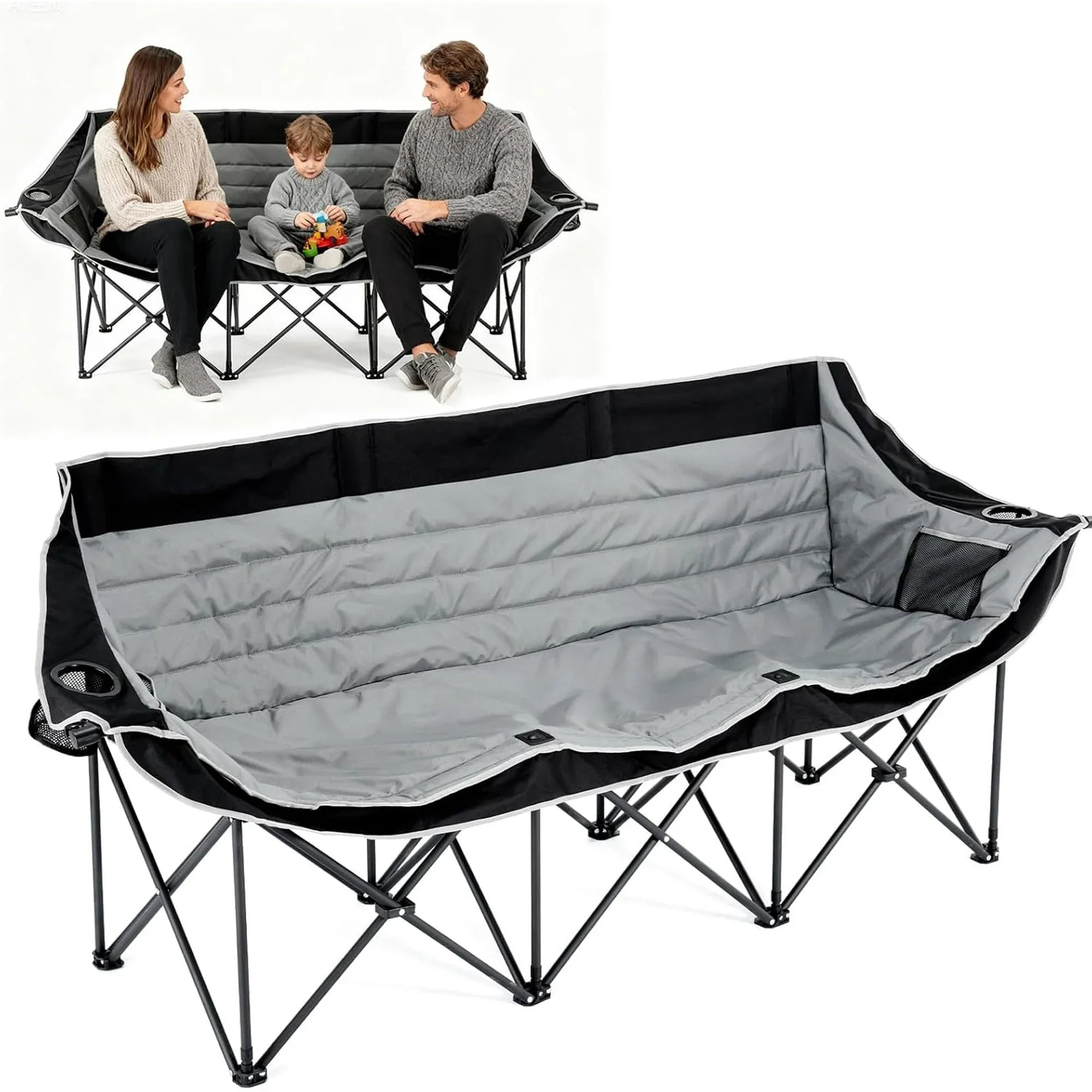 Slsy Double Camping Chair, Extra Padded Loveseat for 3 Prson Heavy Duty Folding Loveseat with Cup Holders for Camping, Fishing, or Hunting - USA MEGA SHOP