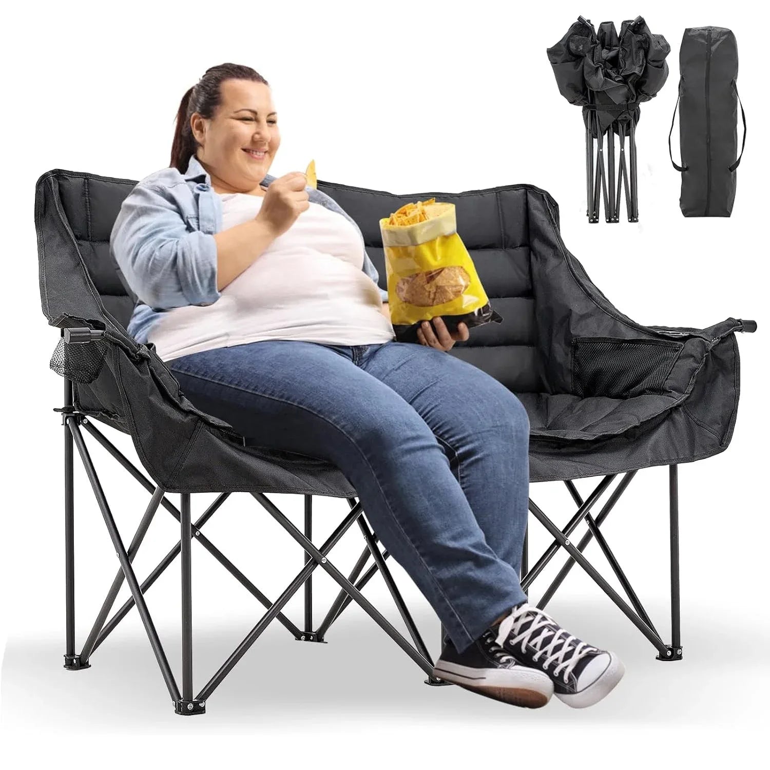 Slsy Double Camping Chair, Extra Padded Loveseat for 3 Prson Heavy Duty Folding Loveseat with Cup Holders for Camping, Fishing, or Hunting - USA MEGA SHOP