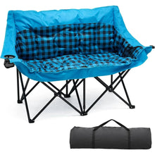 Blue plaid padded double camping loveseat with folding metal frame, cup holder side control.