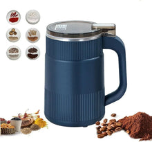 Blue countertop electric grinder with lid, side handle, and visible grinding container