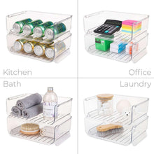 Clear stackable organizer with two shelves holding bottles, soaps, and kitchen items