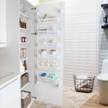 White 6-tier pantry organizer with removable baskets for kitchen pantry organization