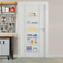 White 6-tier pantry organizer with removable baskets holding pantry items behind a door