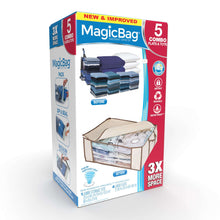 MagicBag instant compression bag jumbo tote packaging box, beige and blue, flat storage style