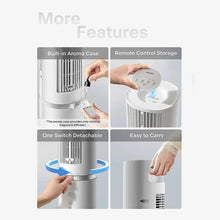 White tower fan with detachable top, aroma case, remote storage, and carry handle