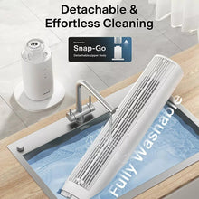 White tower fan with detachable upper body and cleaning tray base