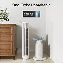 White tower fan with detachable upper section and base unit
