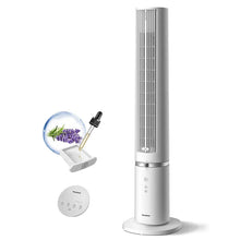 White tower fan with aroma accessory and control remote