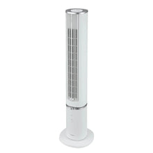 White standing tower fan with tall front grille and control base