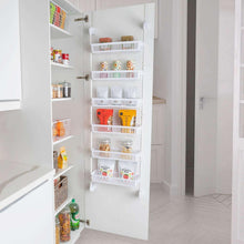 White 6-tier pantry organizer with removable white baskets for shelves behind a door