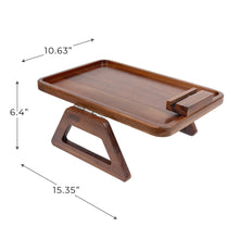 Wood armrest tray with wide base, angled support stand, and measurement labels