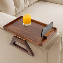 Wood armrest tray on sofa arm with cup holder section and phone stand