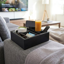 Black couch console organizer with divided compartments and cup holders