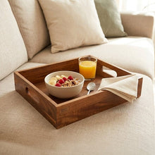 Acacia wood couch tray with open storage space and side handles
