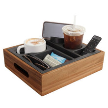 Acacia wood couch console with black organizer insert and divided compartments