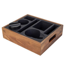 Acacia wood couch console with removable black organizer insert and side handles