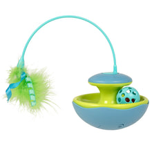 Blue and lime electronic cat toy with spinning ball, feather wand, and base handle.