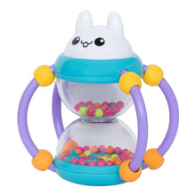 Baby bunny rattle with blue base, purple handle loops, and colorful bead chamber