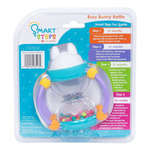 Busy bunny rattle in blister pack, blue body with yellow accents and bead rollers