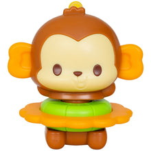 Orange monkey face teether with green center ring and rounded arms