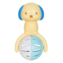 Cream cat face teether with blue ear band and silver-blue rotating ring