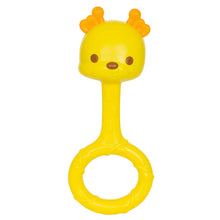 Yellow chick face teether with large circular ring grip